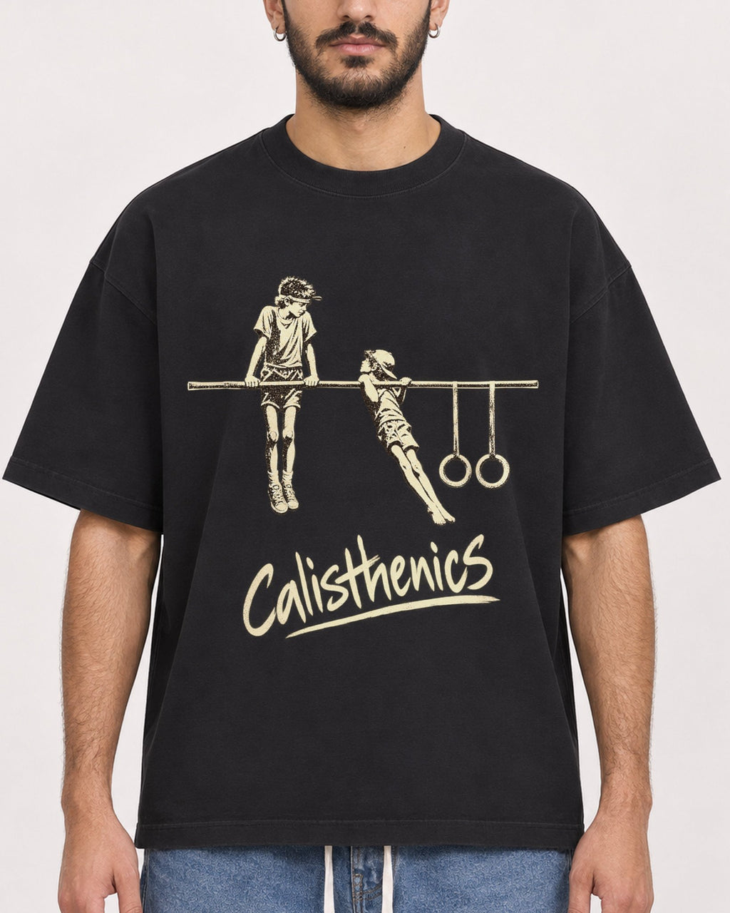 Mockup Boxy Heavyweight Tee Black male close-up 07