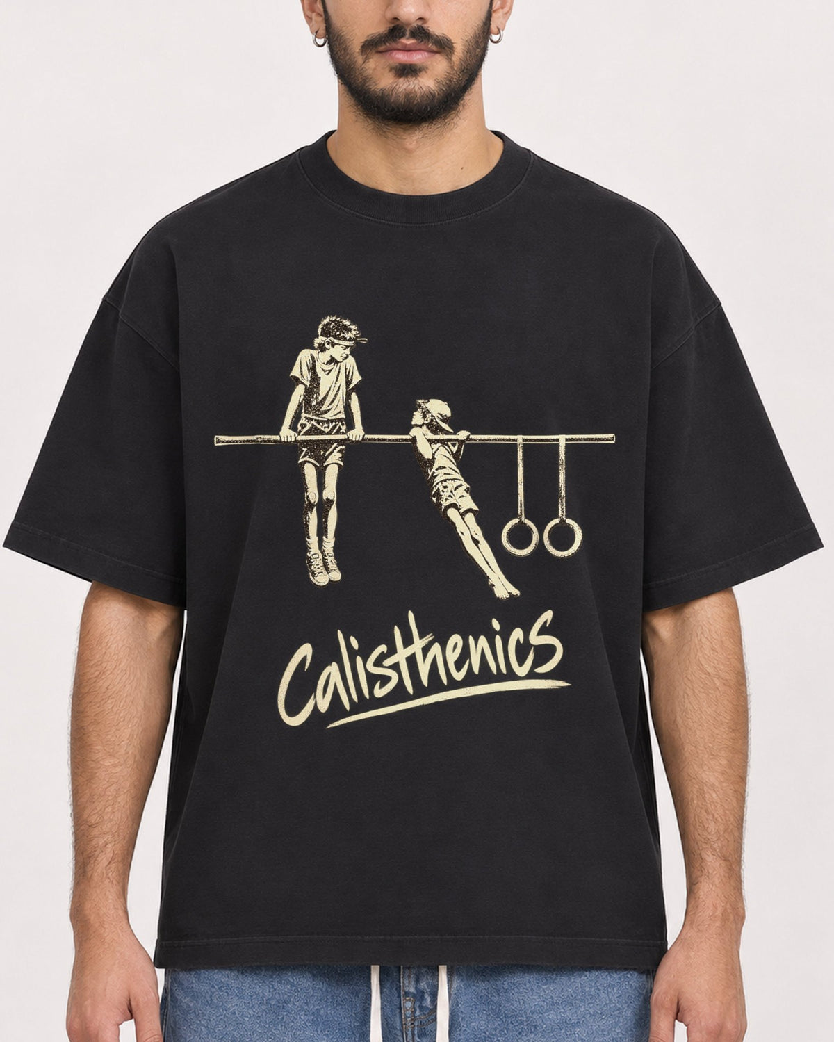Mockup Boxy Heavyweight Tee Black male close-up 07