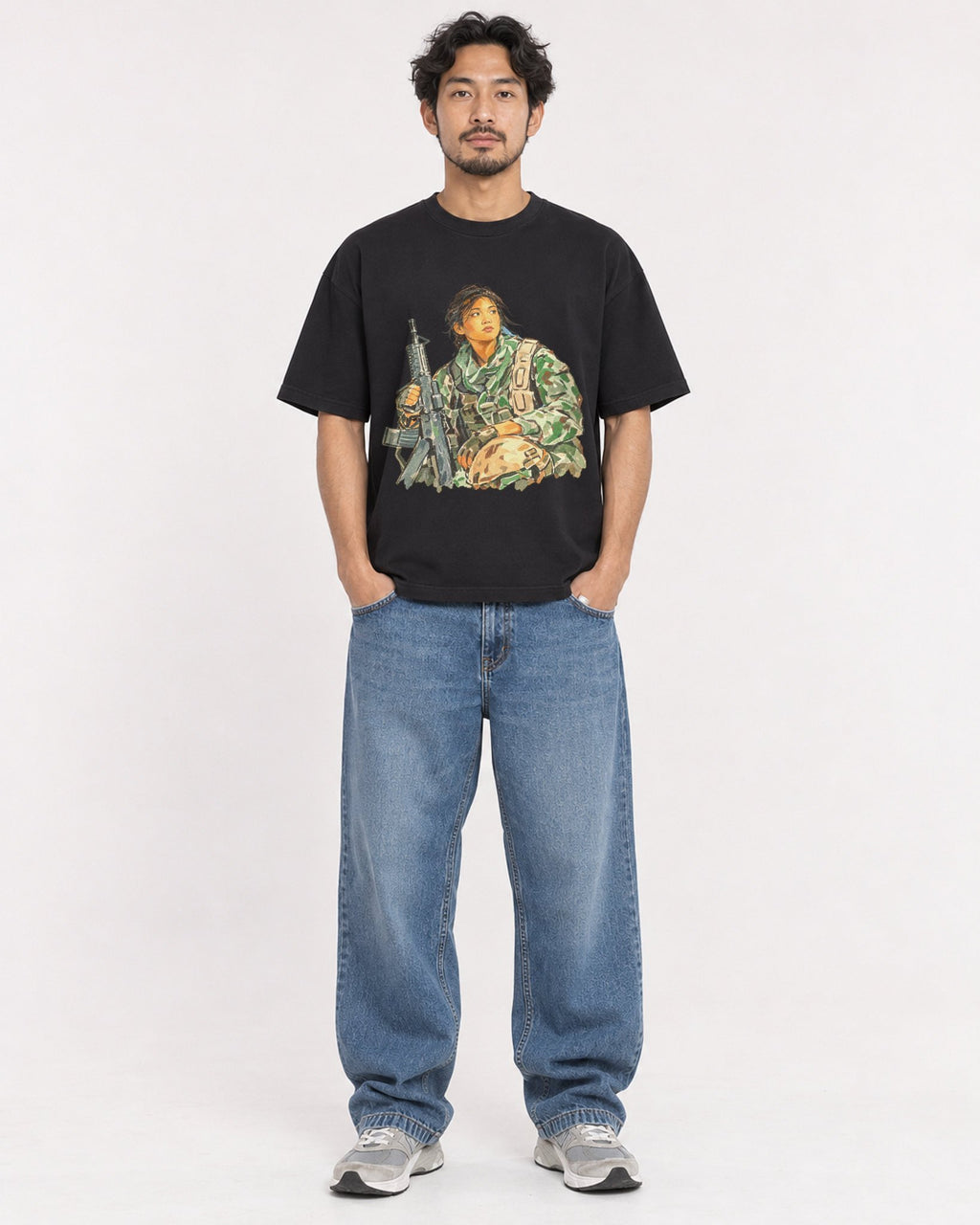 Mockup Boxy Heavyweight Tee Black male full-body 02