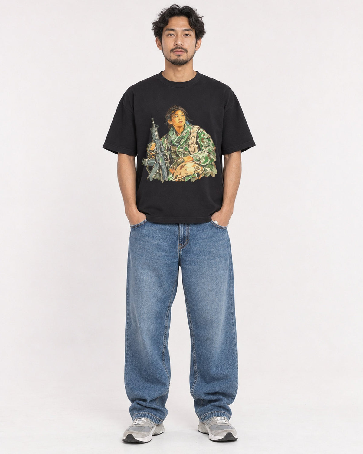 Mockup Boxy Heavyweight Tee Black male full-body 02