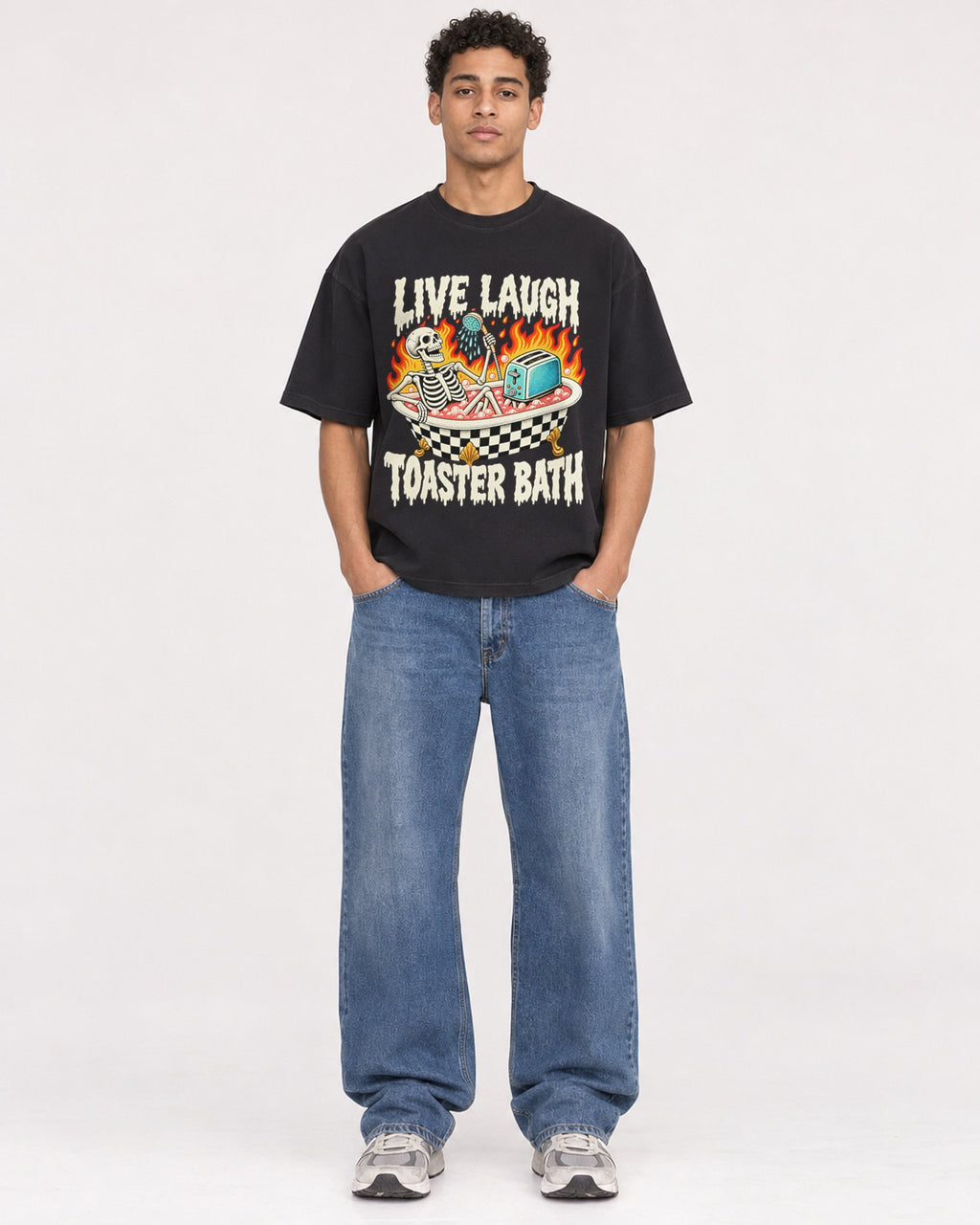 Mockup Boxy Heavyweight Tee Black male full-body 10