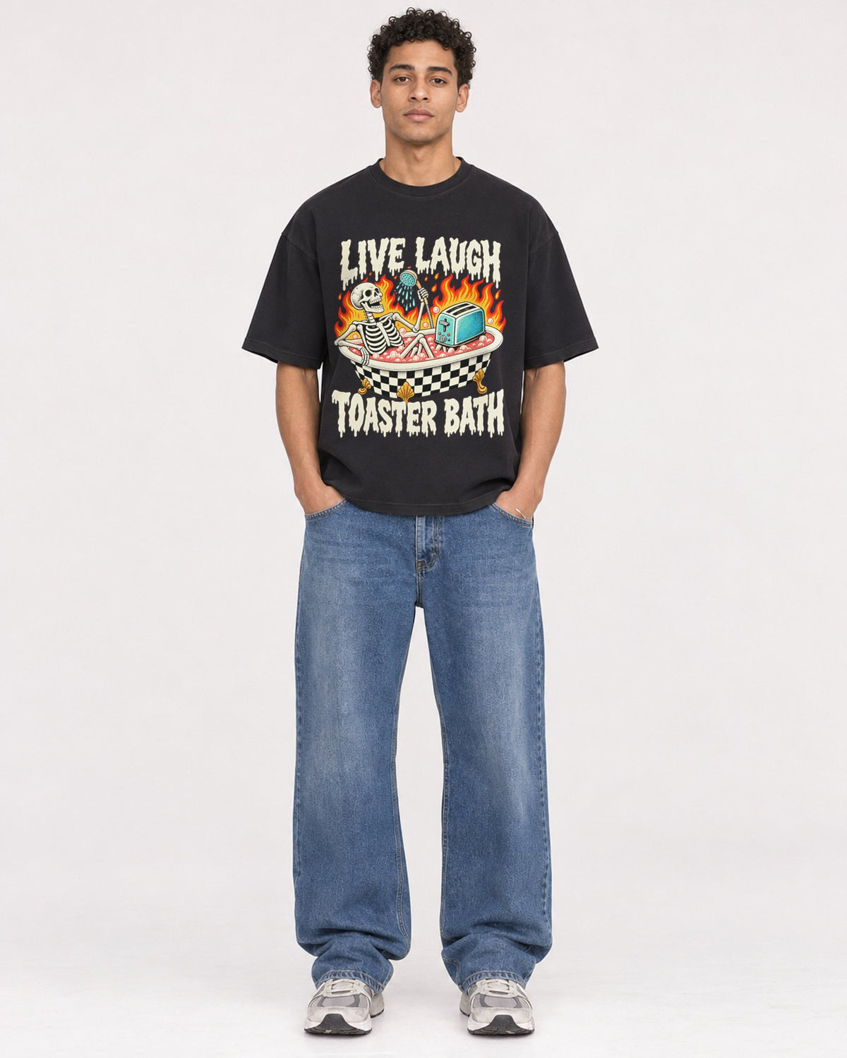 Mockup Boxy Heavyweight Tee Black male full-body 10