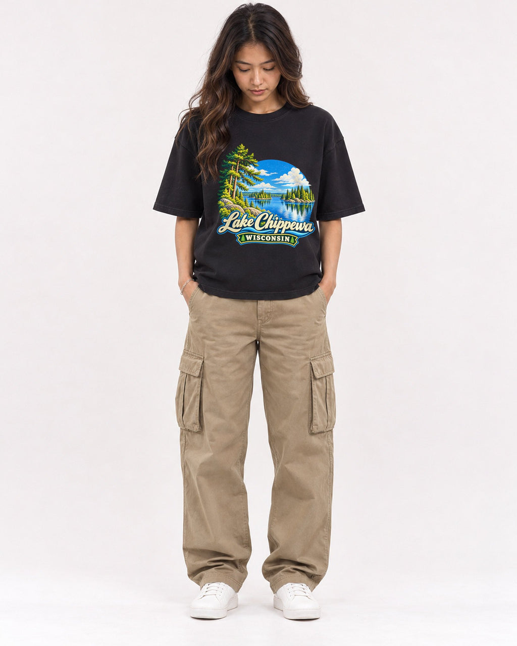 Mockup Boxy Heavyweight Tee Black female full-body 02