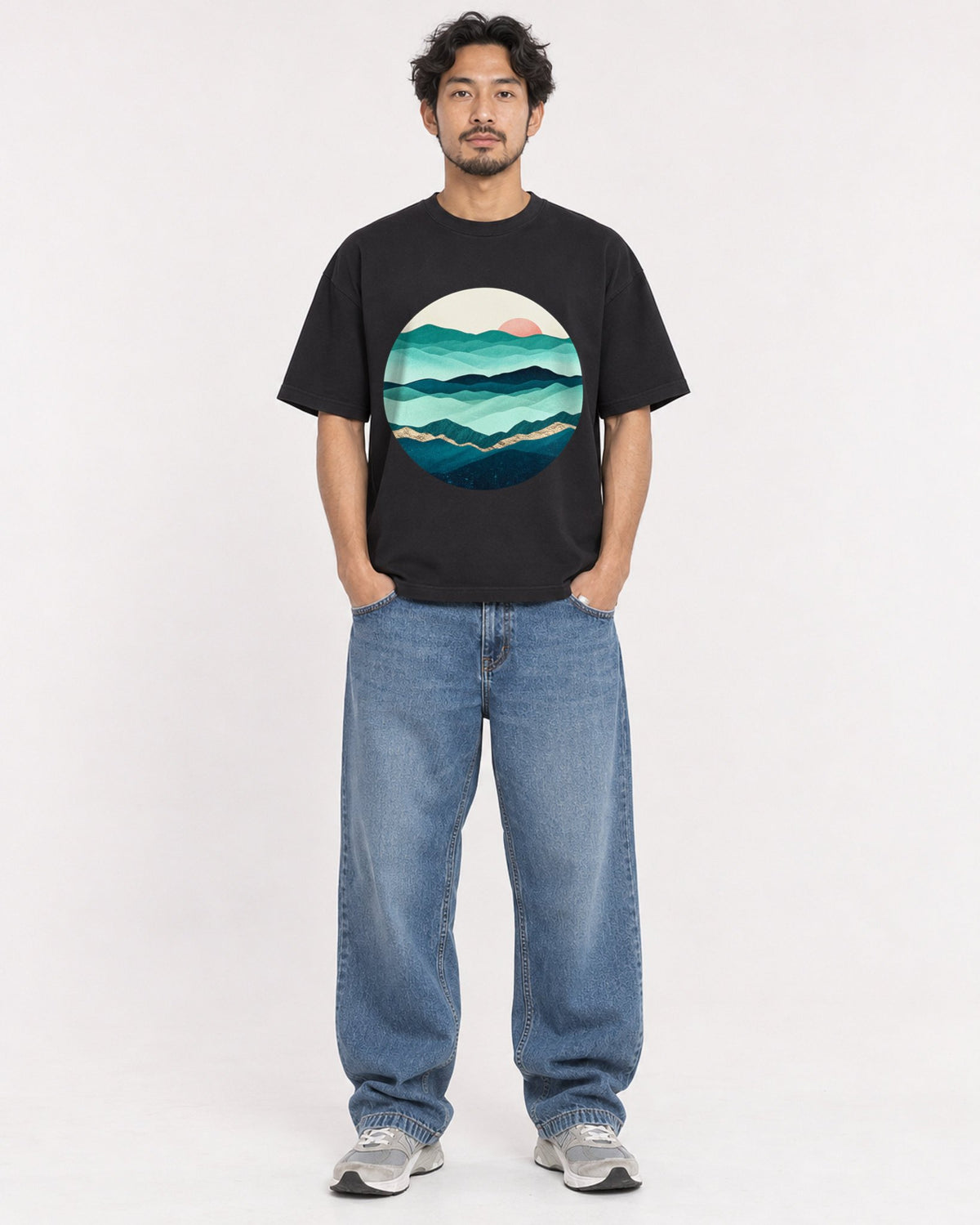 Mockup Boxy Heavyweight Tee Black male full-body 02