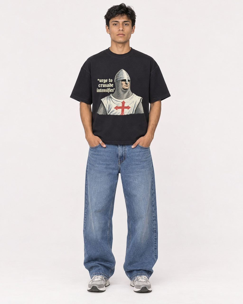 Mockup Boxy Heavyweight Tee Black male full-body 46