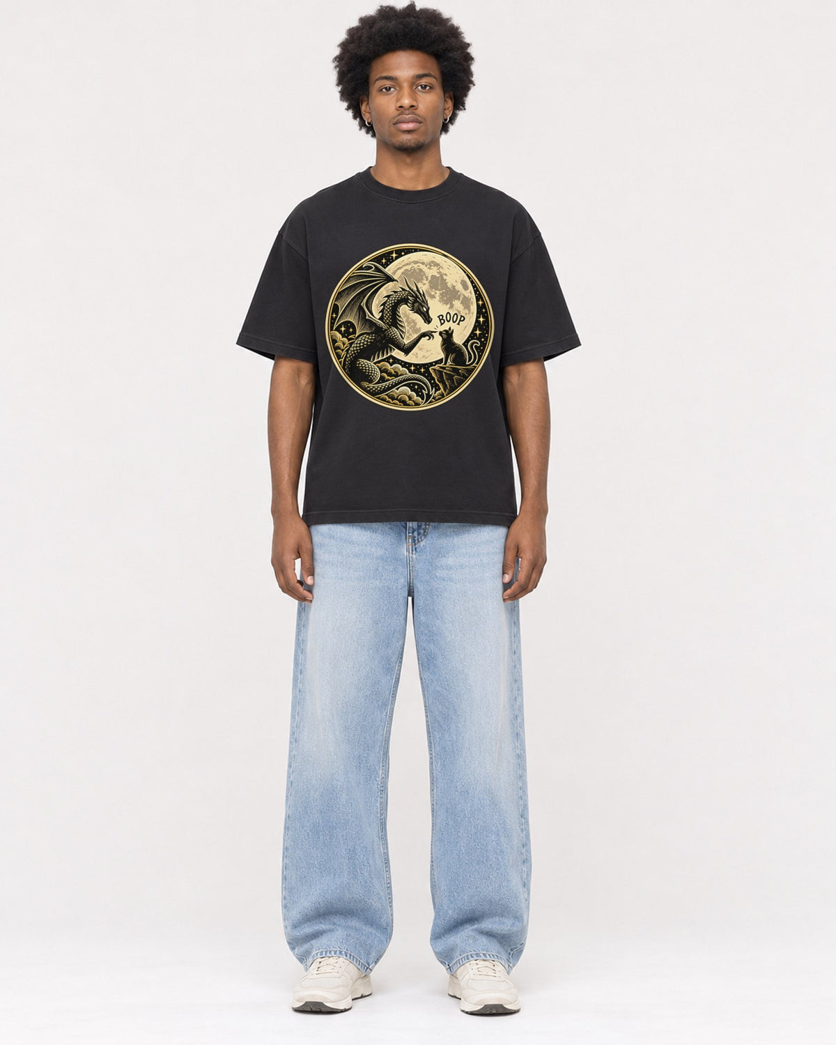 Mockup Boxy Heavyweight Tee Black male full-body 45