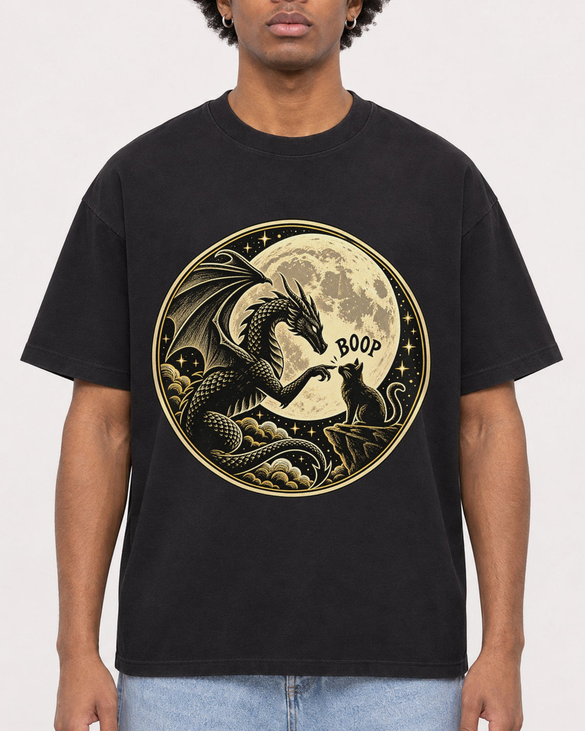 Mockup Boxy Heavyweight Tee Black male close-up 45