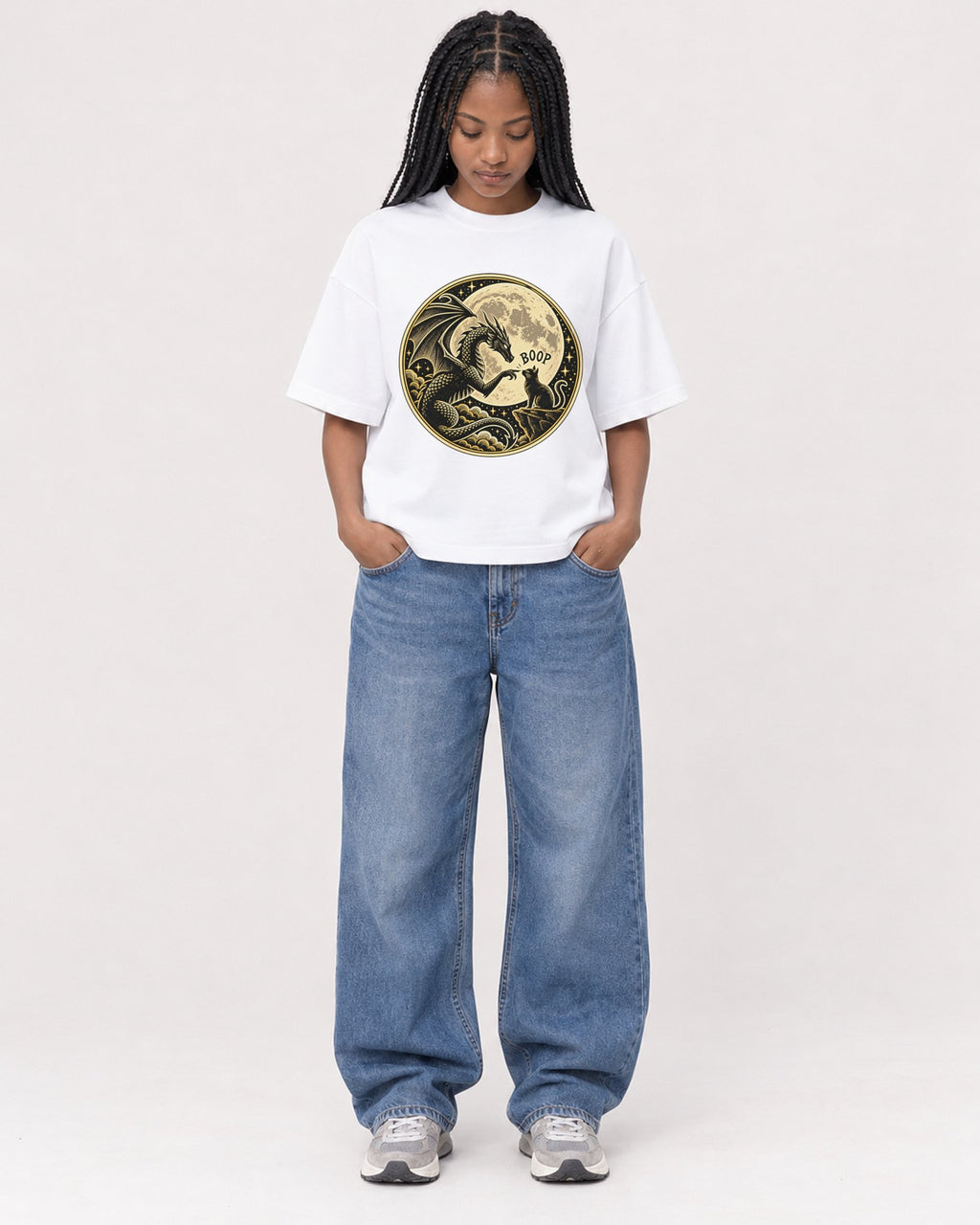 Mockup Boxy Heavyweight Tee White female full-body 45