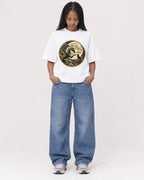 Mockup Boxy Heavyweight Tee White female full-body 45