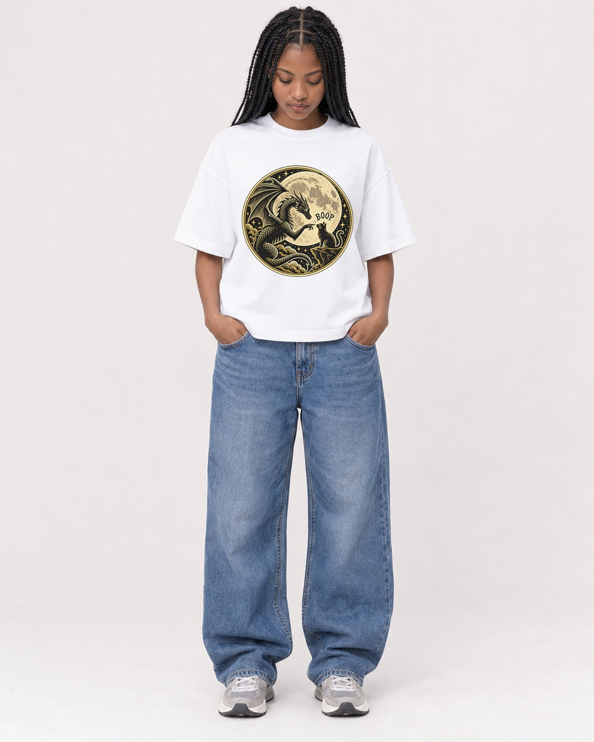 Mockup Boxy Heavyweight Tee White female full-body 45
