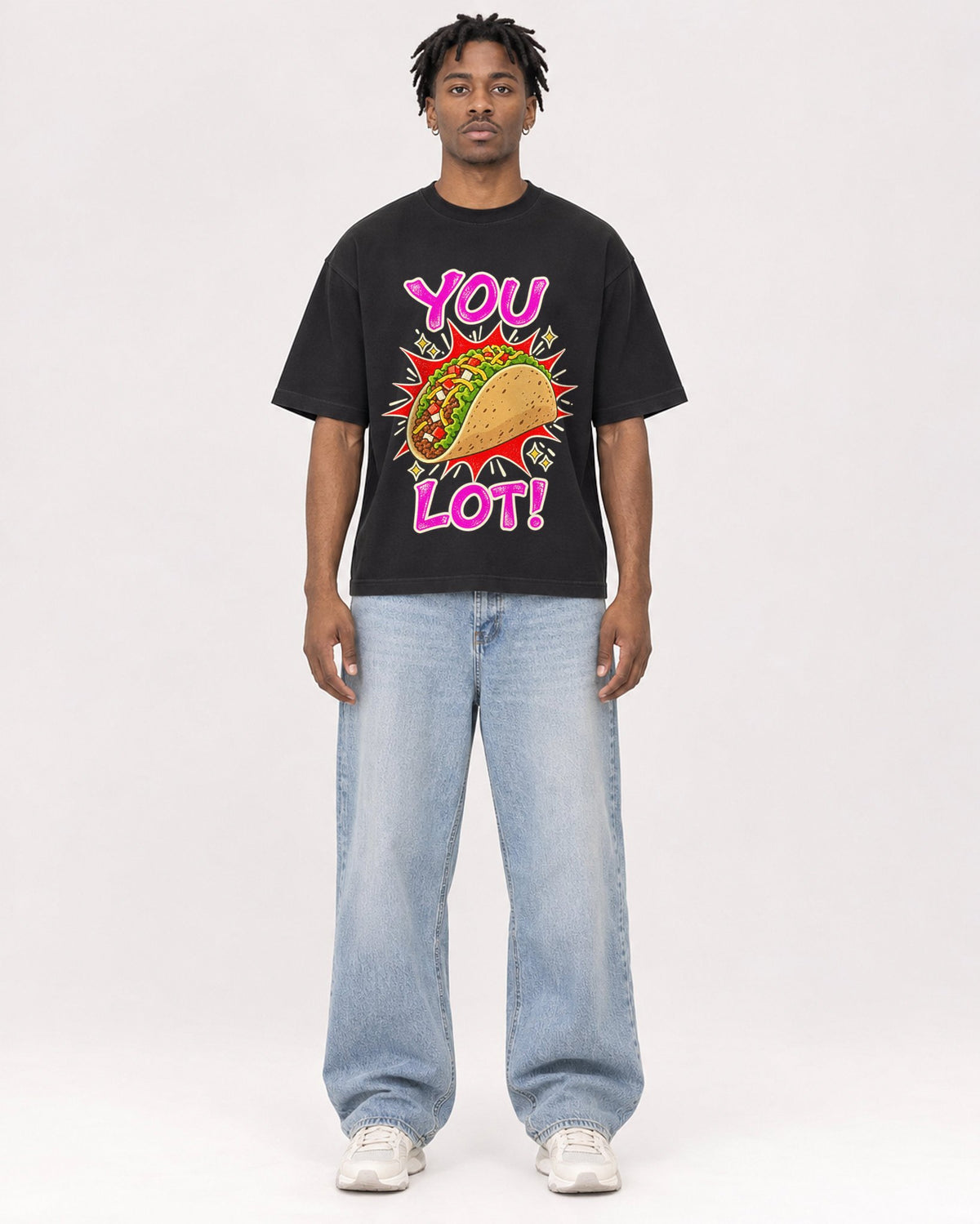 Mockup Boxy Heavyweight Tee Black male full-body 05