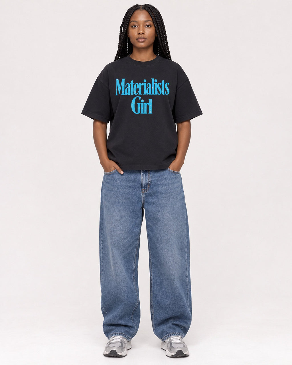 Mockup Boxy Heavyweight Tee Black female full-body 04