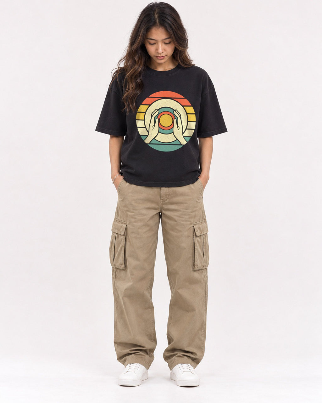 Mockup Boxy Heavyweight Tee Black female full-body 02