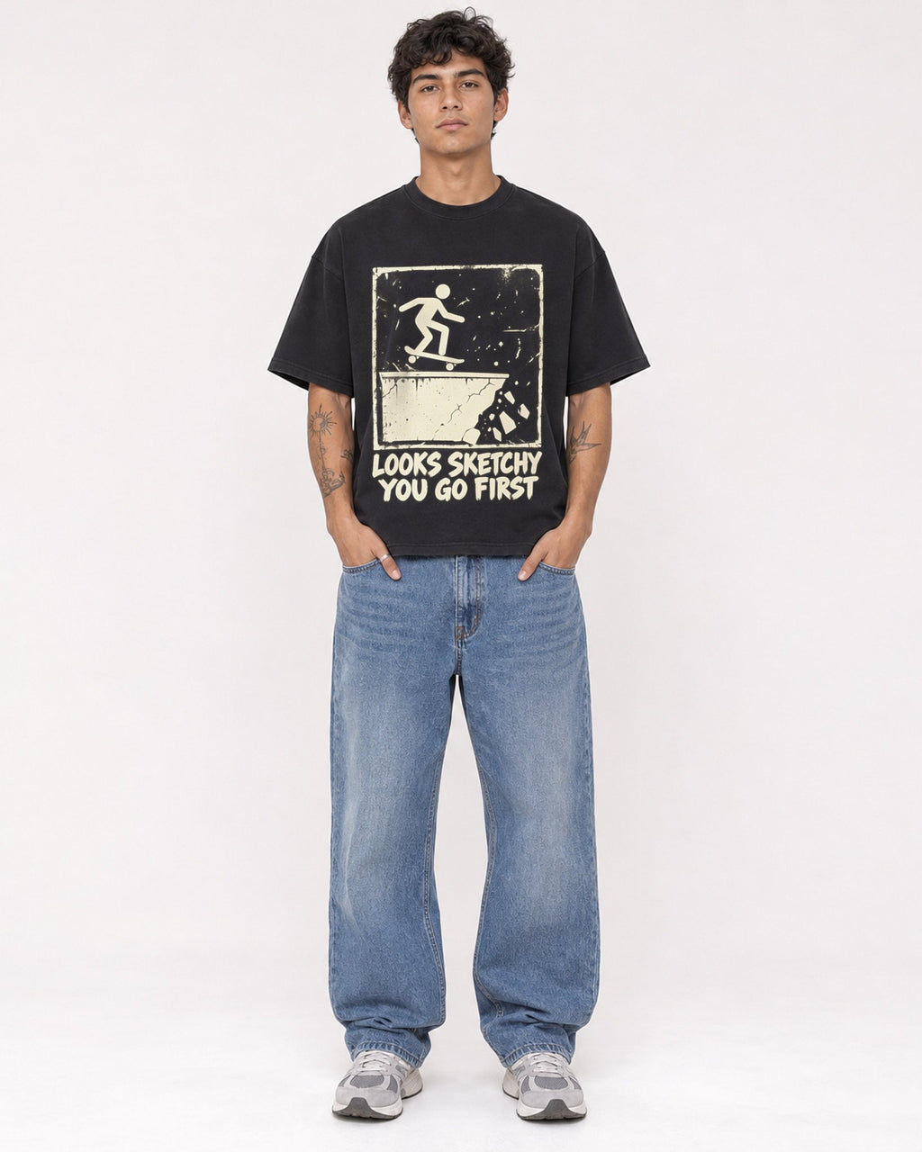 Mockup Boxy Heavyweight Tee Black male full-body 06