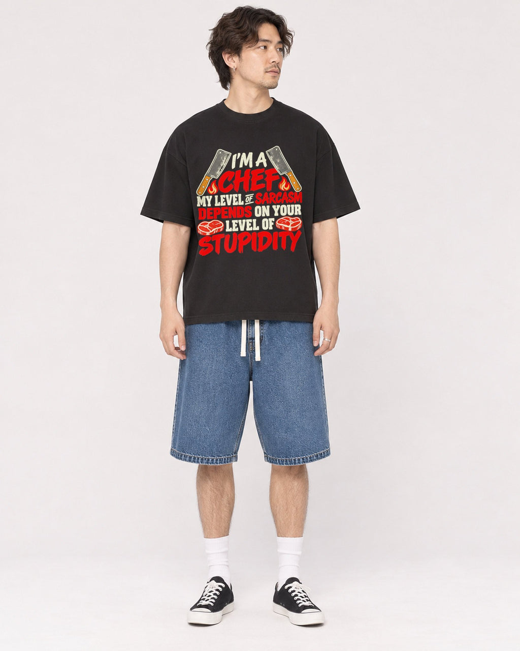 Mockup Boxy Heavyweight Tee Black male full-body 03