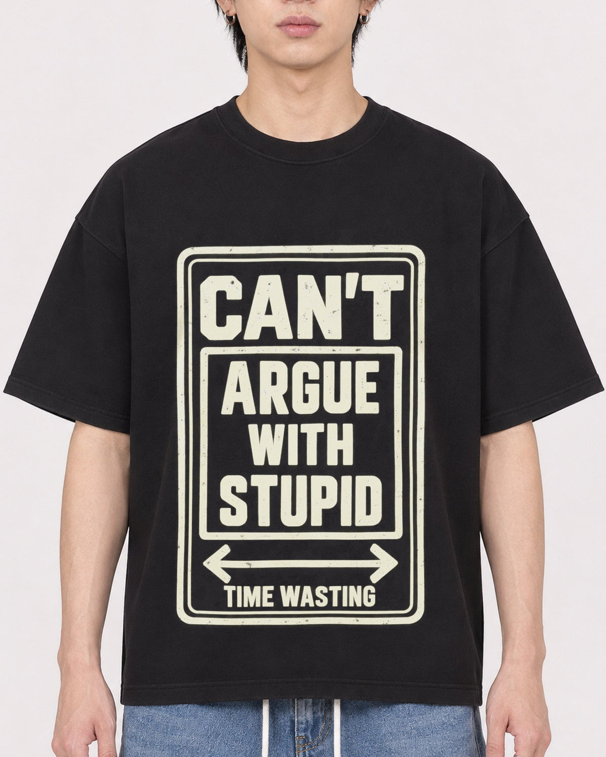 Mockup Boxy Heavyweight Tee Black male close-up 11