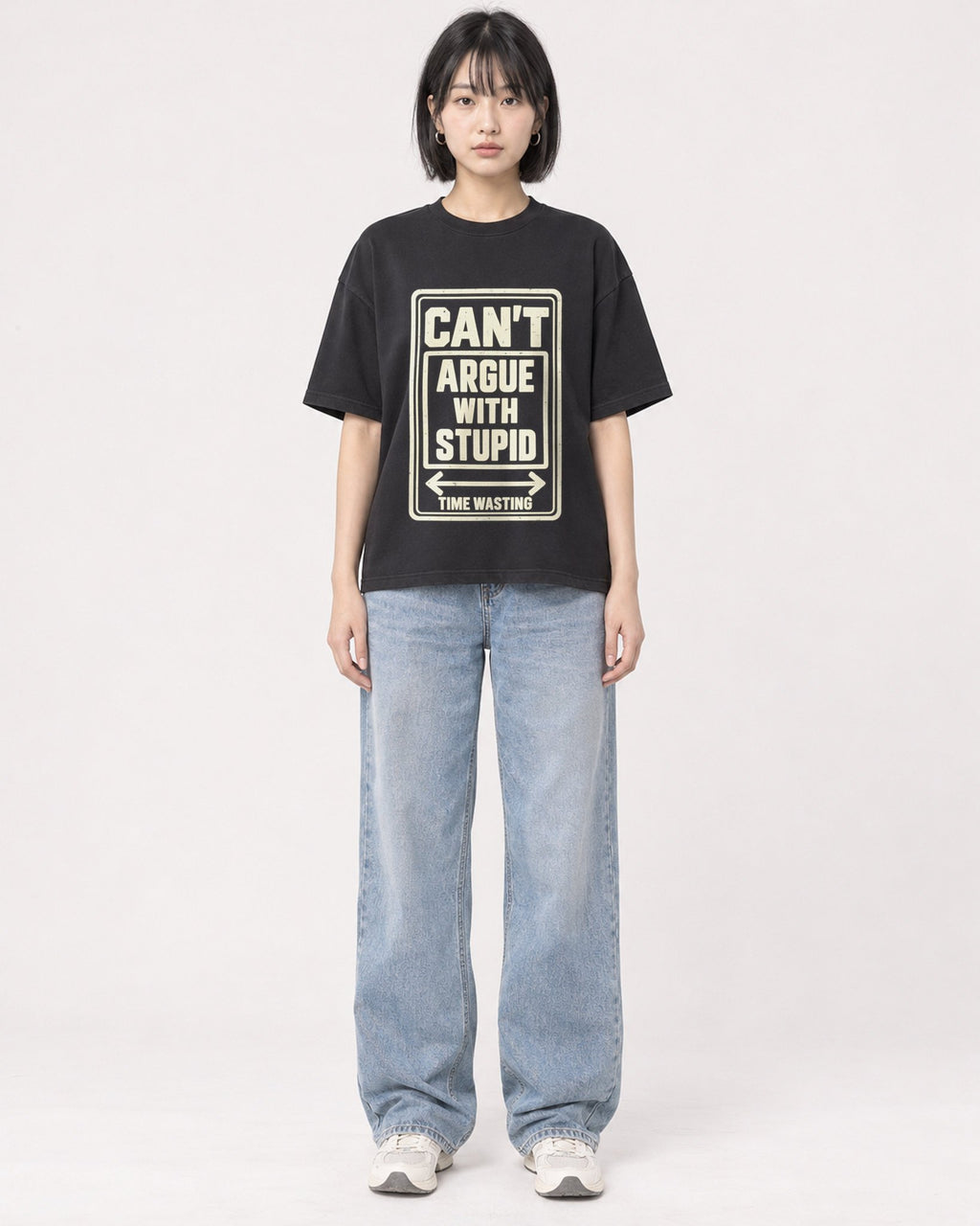 Mockup Boxy Heavyweight Tee Black female full-body 11
