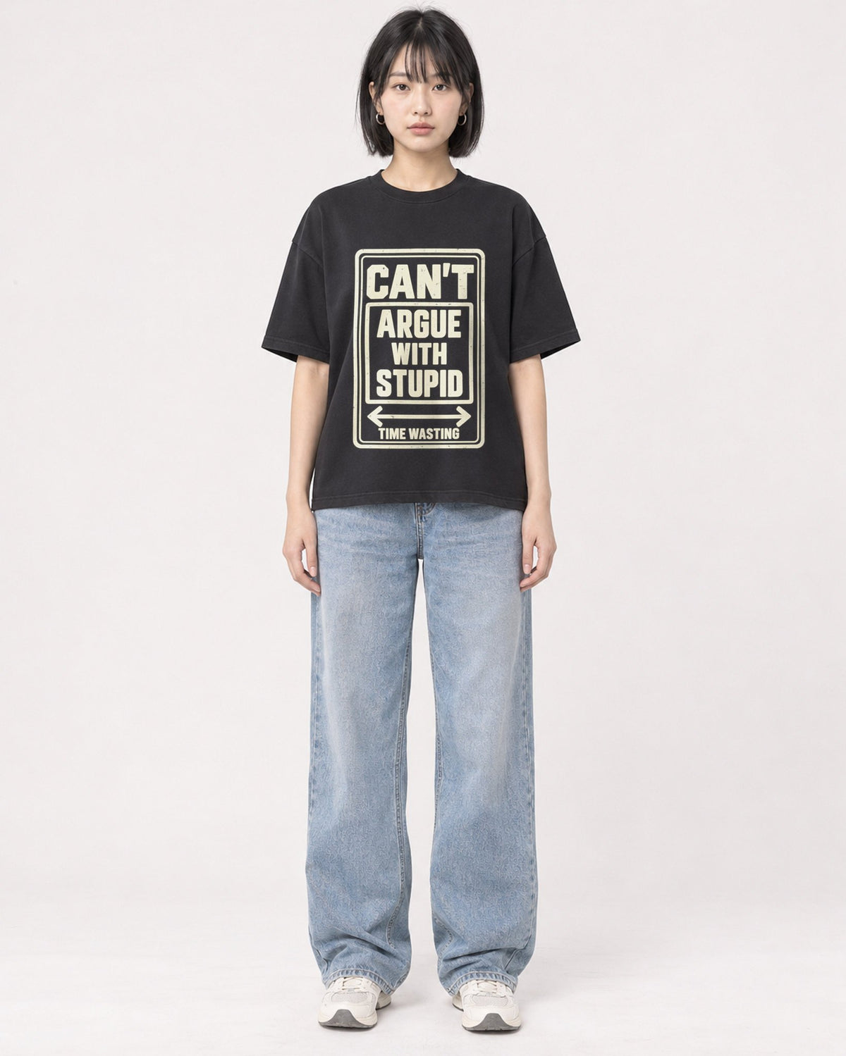 Mockup Boxy Heavyweight Tee Black female full-body 11