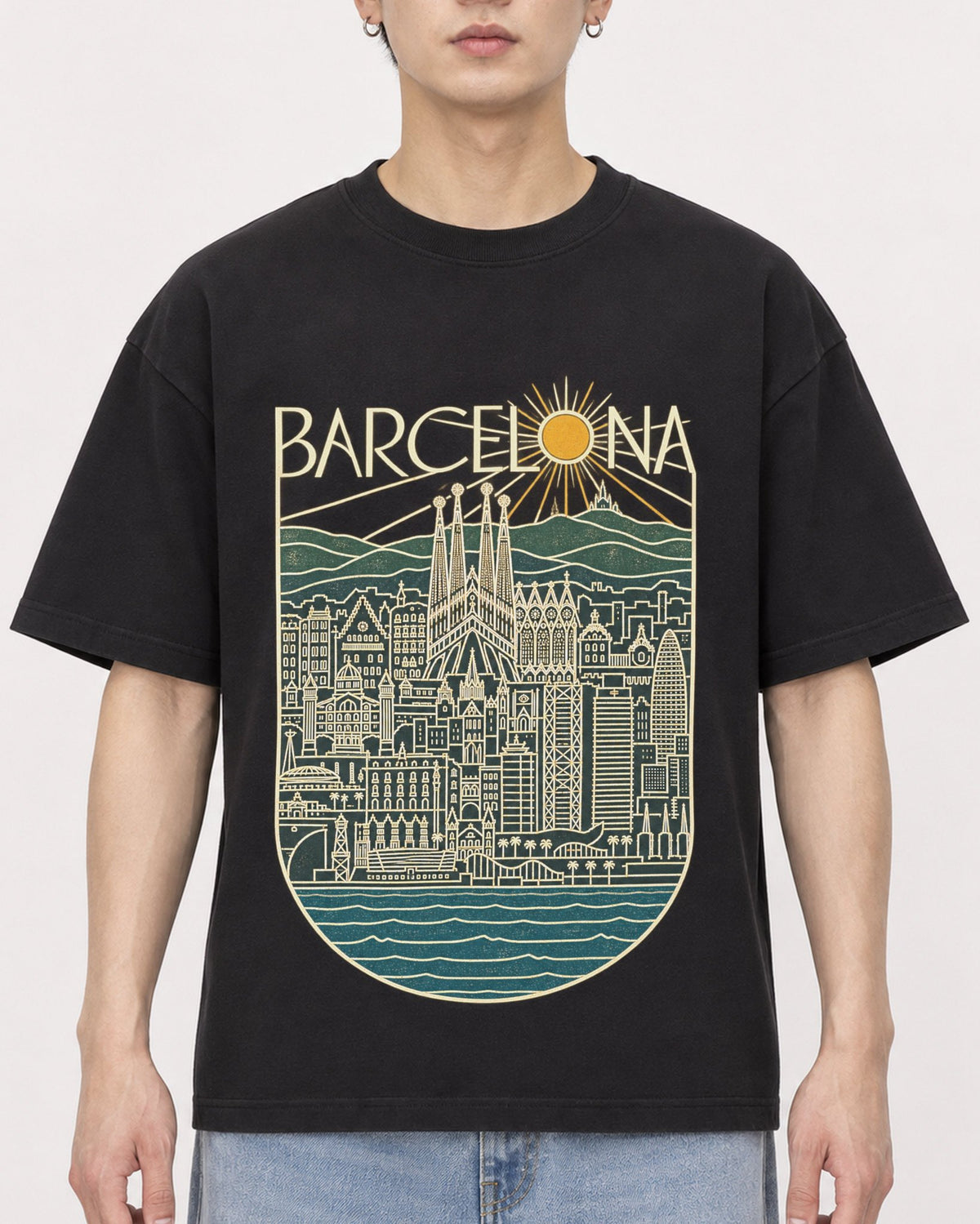 Mockup Boxy Heavyweight Tee Black male close-up 01