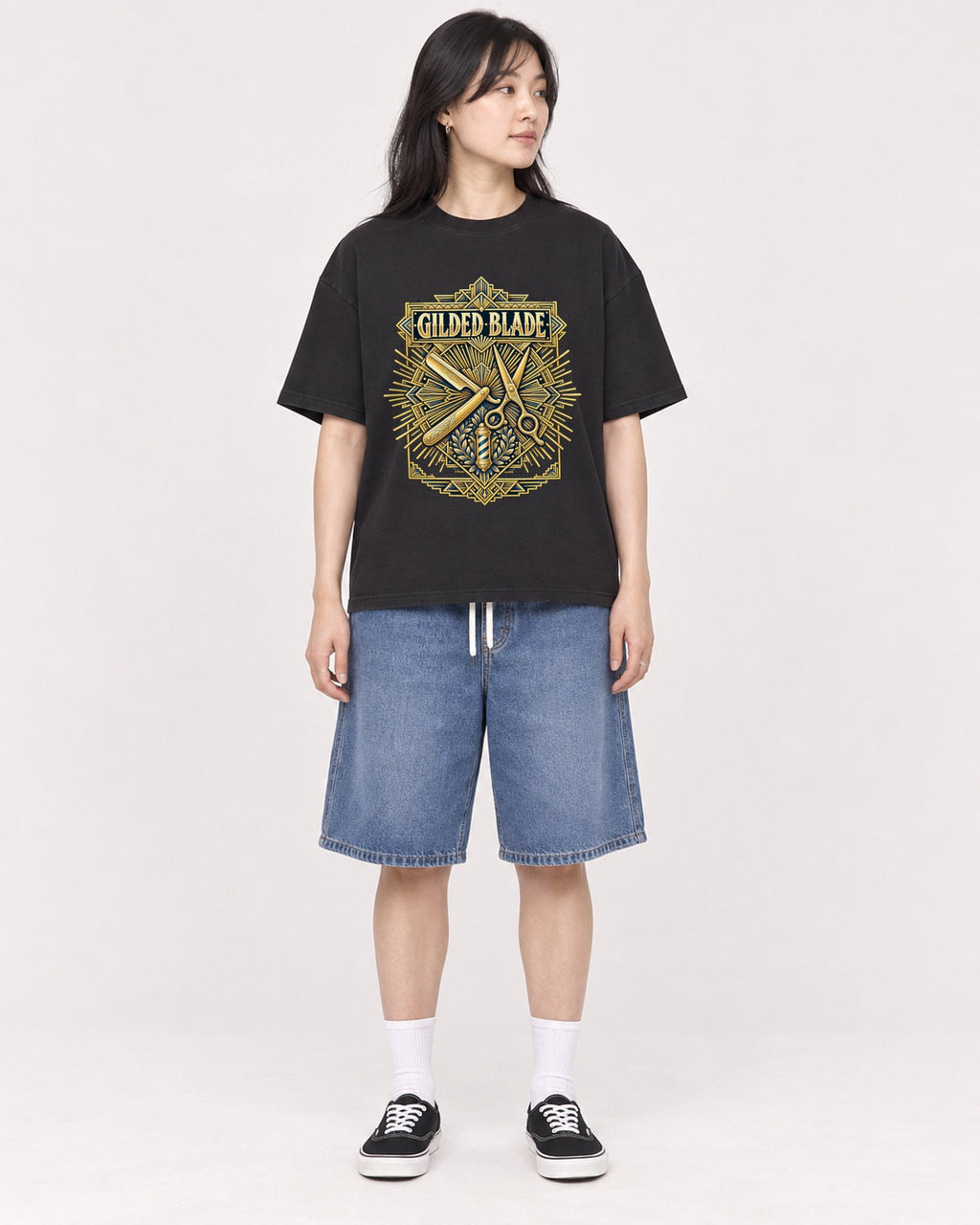 Mockup Boxy Heavyweight Tee Black female full-body 13