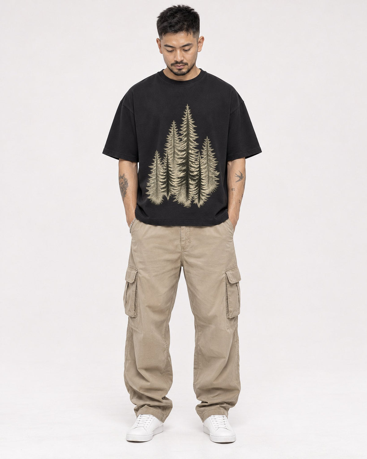 Mockup Boxy Heavyweight Tee Black male full-body 12
