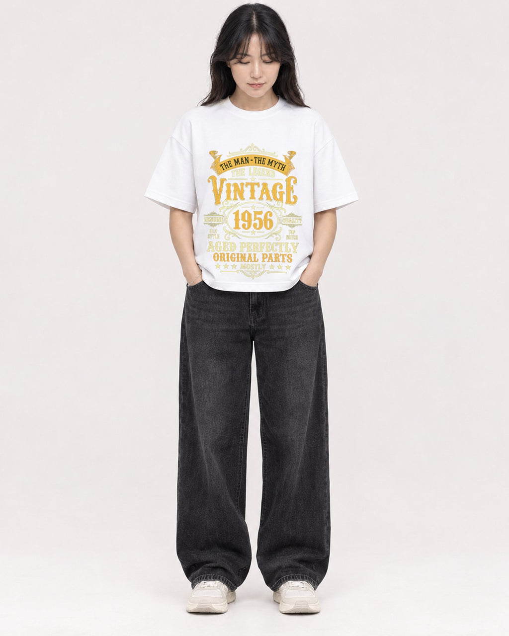 Mockup Boxy Heavyweight Tee White female full-body 13