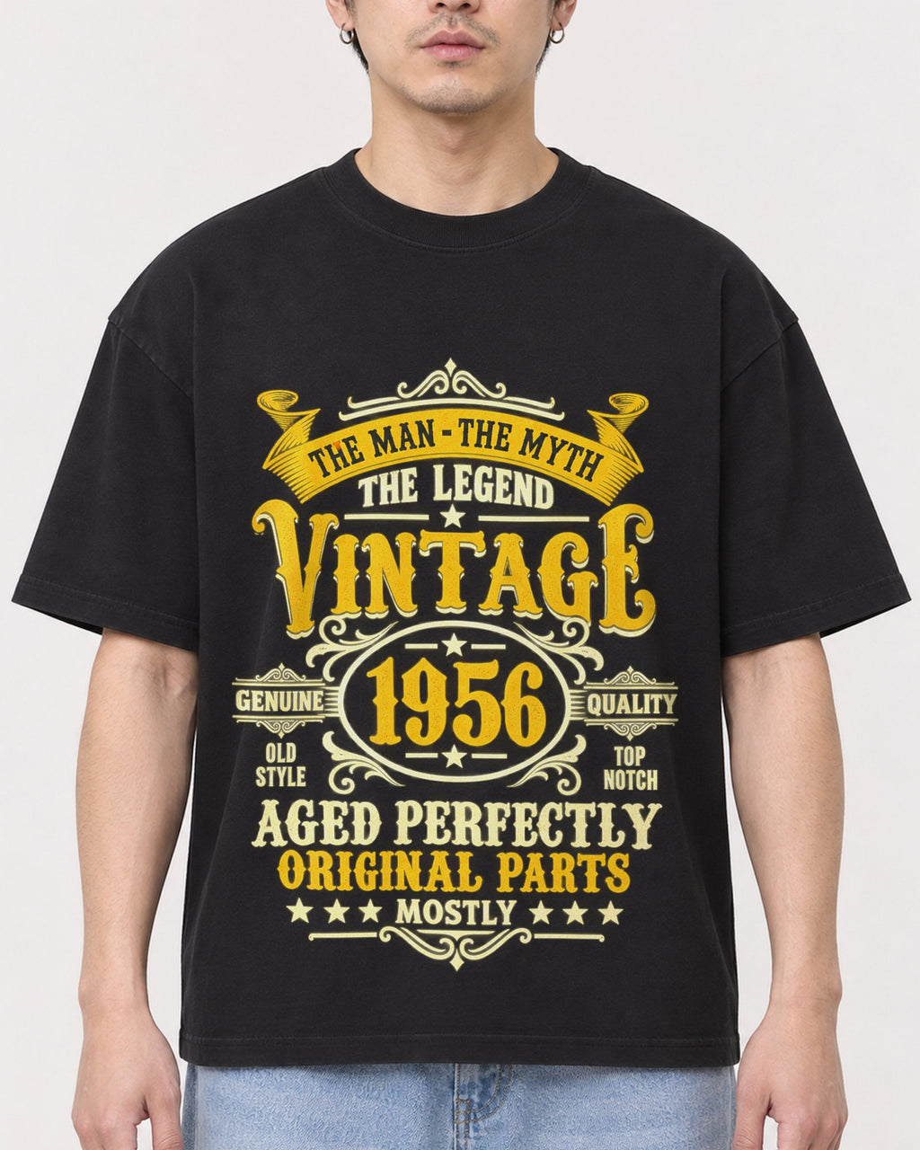 Mockup Boxy Heavyweight Tee Black male close-up 13
