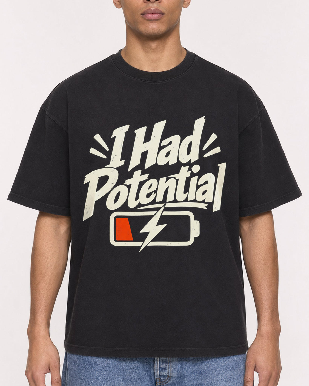 Mockup Boxy Heavyweight Tee Black male close-up 50
