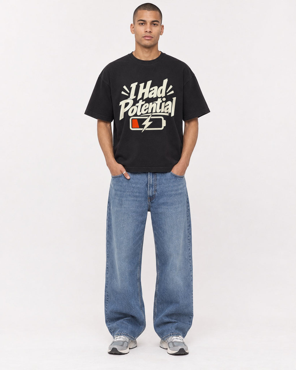 Mockup Boxy Heavyweight Tee Black male full-body 50