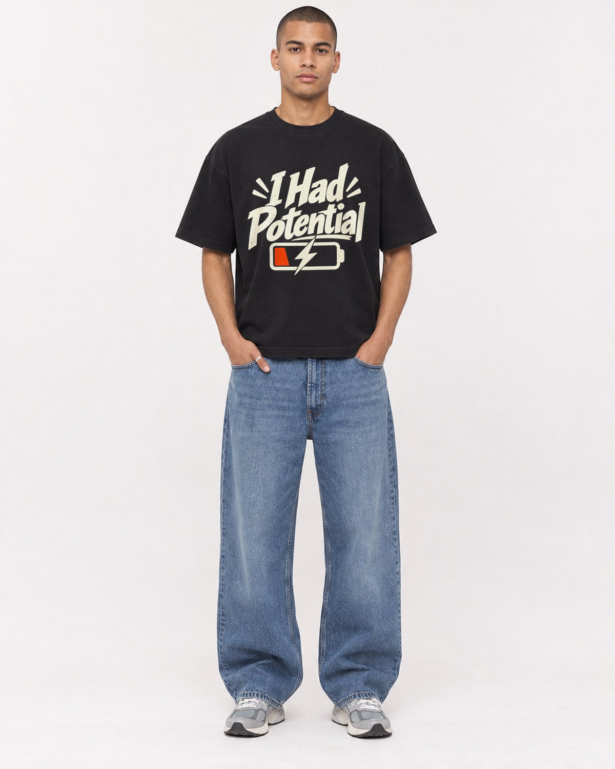 Mockup Boxy Heavyweight Tee Black male full-body 50