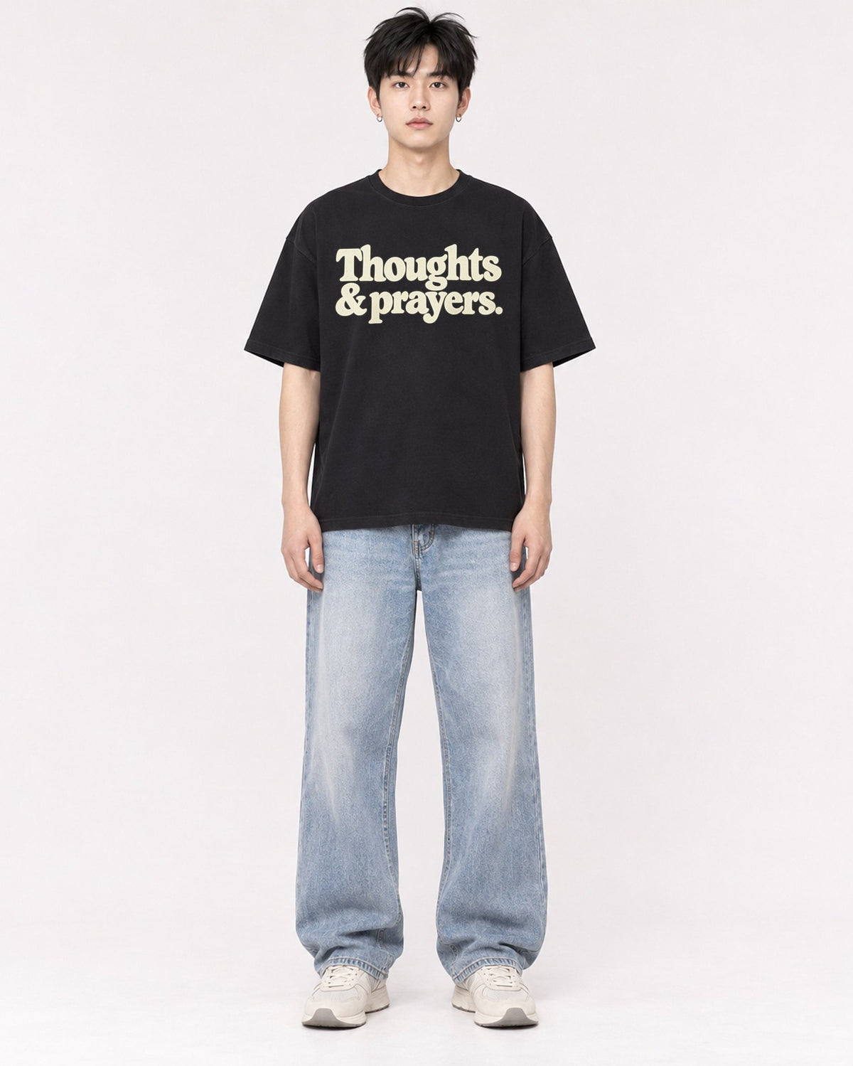 Mockup Boxy Heavyweight Tee Black male full-body 01