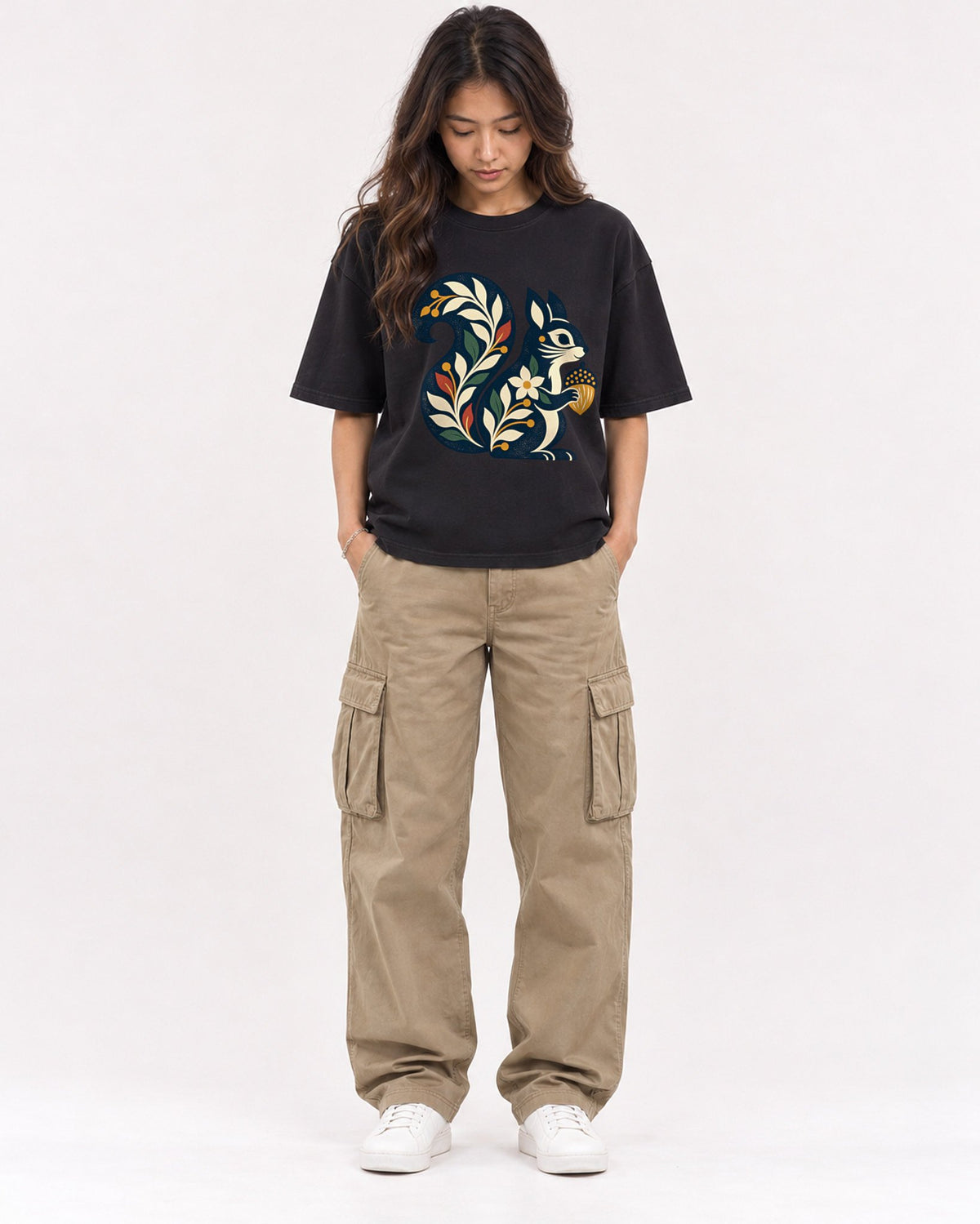 Mockup Boxy Heavyweight Tee Black female full-body 02