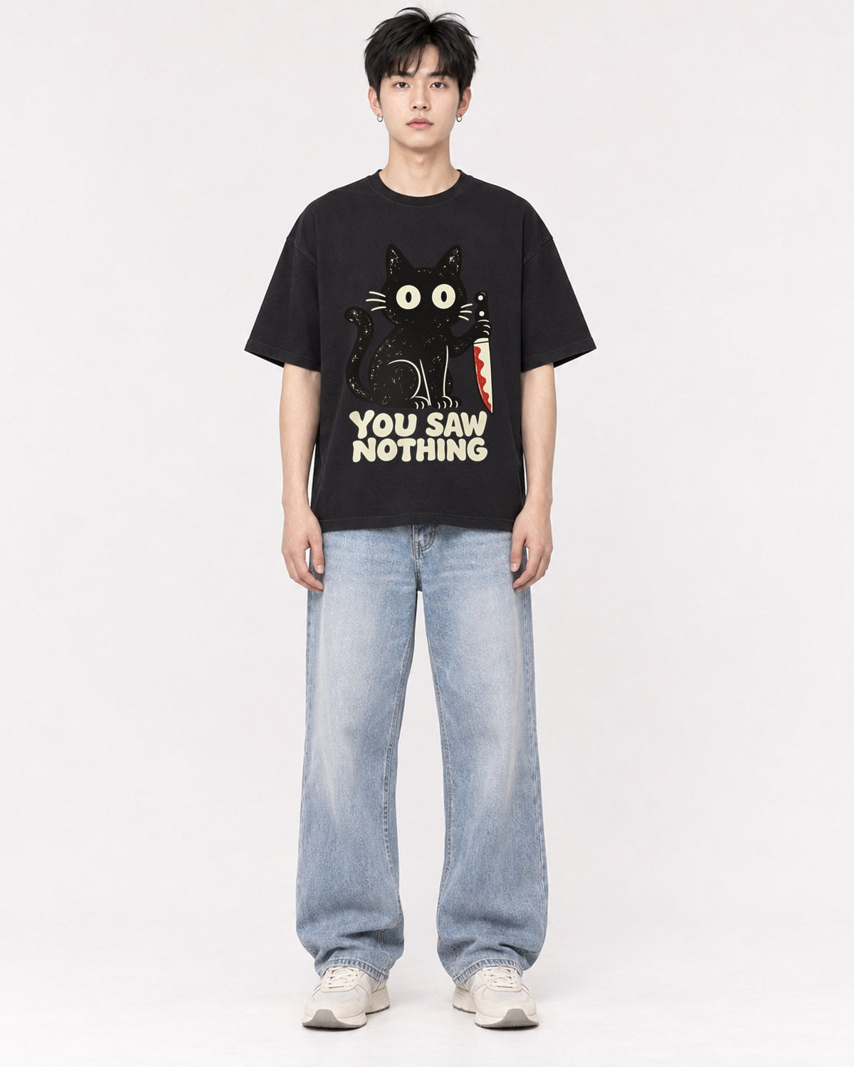 Mockup Boxy Heavyweight Tee Black male full-body 01