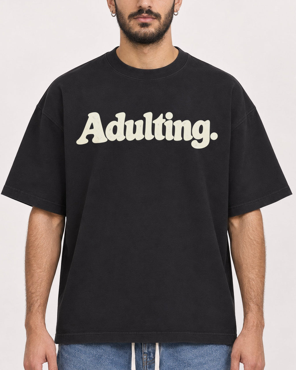 Mockup Boxy Heavyweight Tee Black male close-up 07