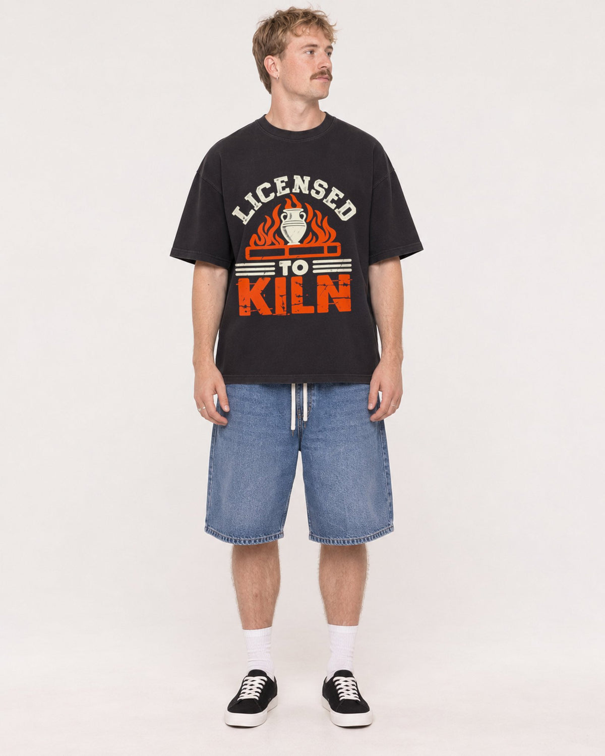 Mockup Boxy Heavyweight Tee Black male full-body 19