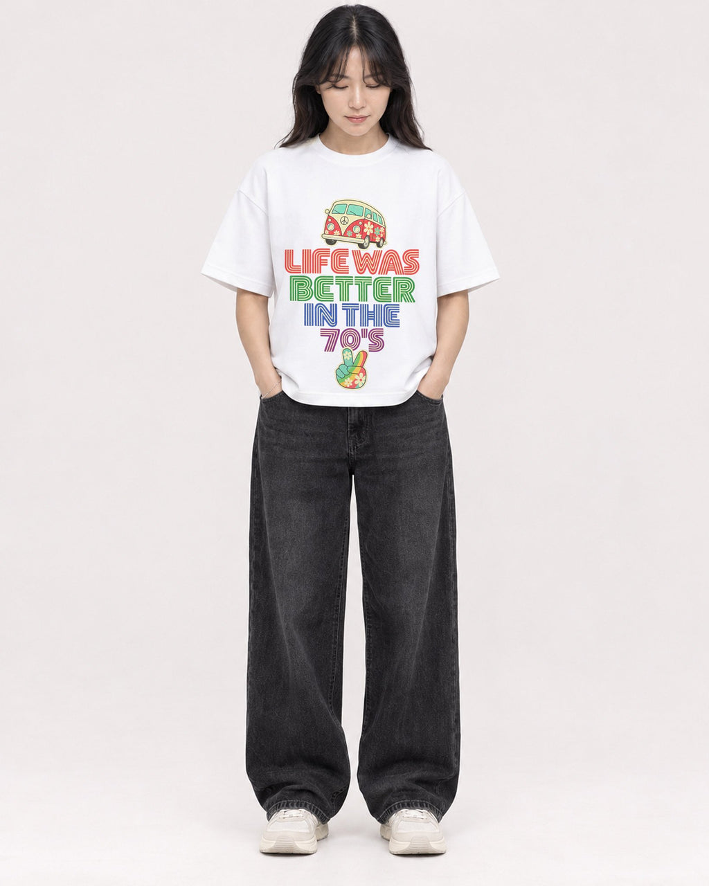 Mockup Boxy Heavyweight Tee White female full-body 13