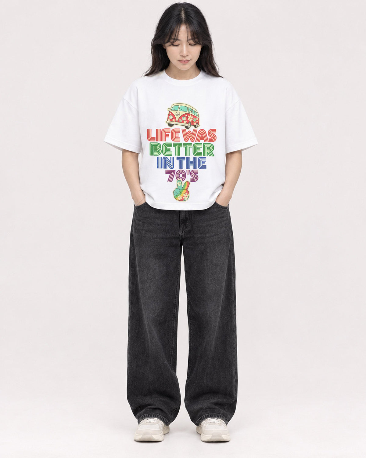 Mockup Boxy Heavyweight Tee White female full-body 13