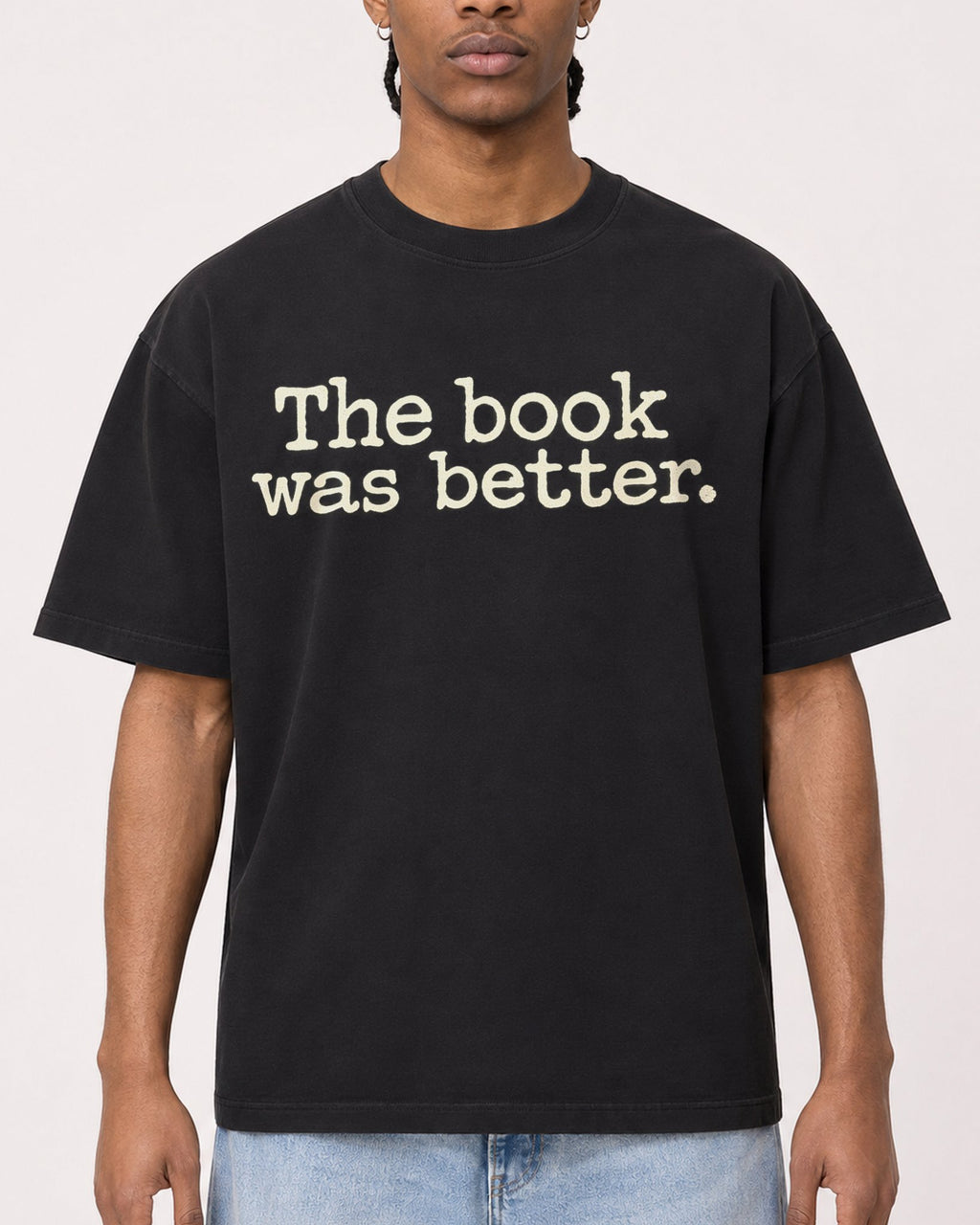 Mockup Boxy Heavyweight Tee Black male close-up 25