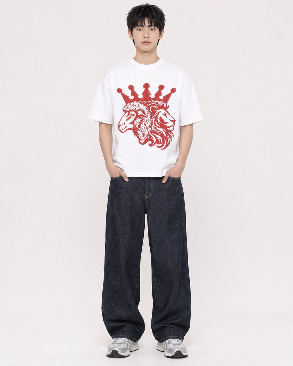 Mockup Boxy Heavyweight Tee White male full-body 01