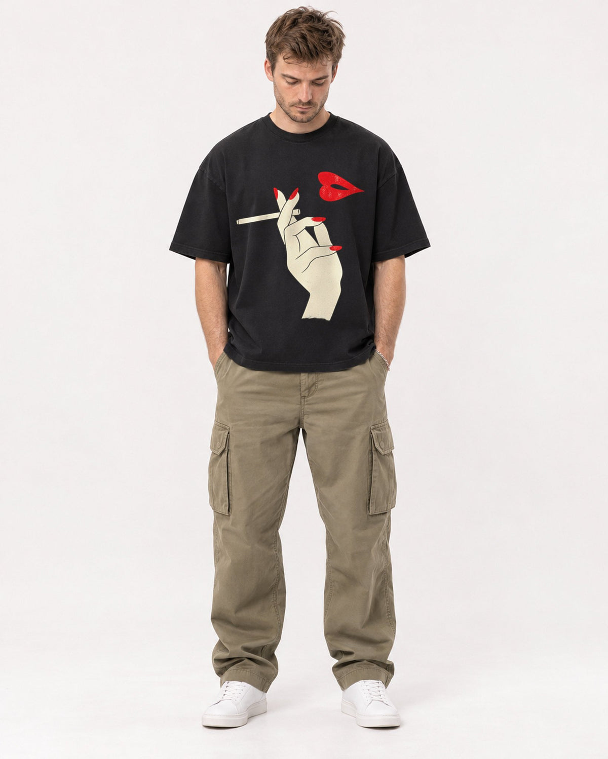 Mockup Boxy Heavyweight Tee Black male full-body 08
