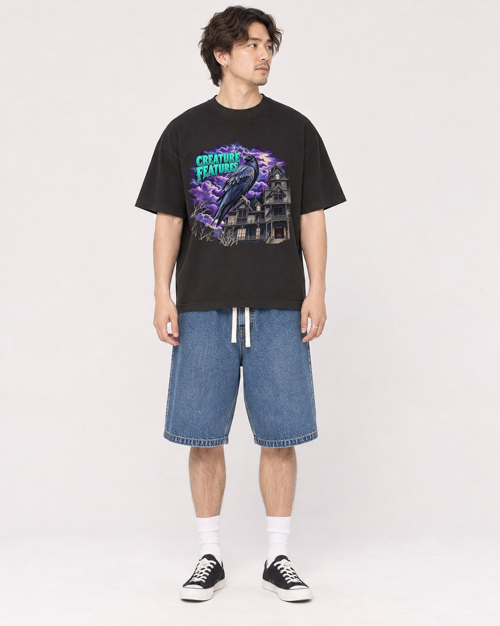Mockup Boxy Heavyweight Tee Black male full-body 03