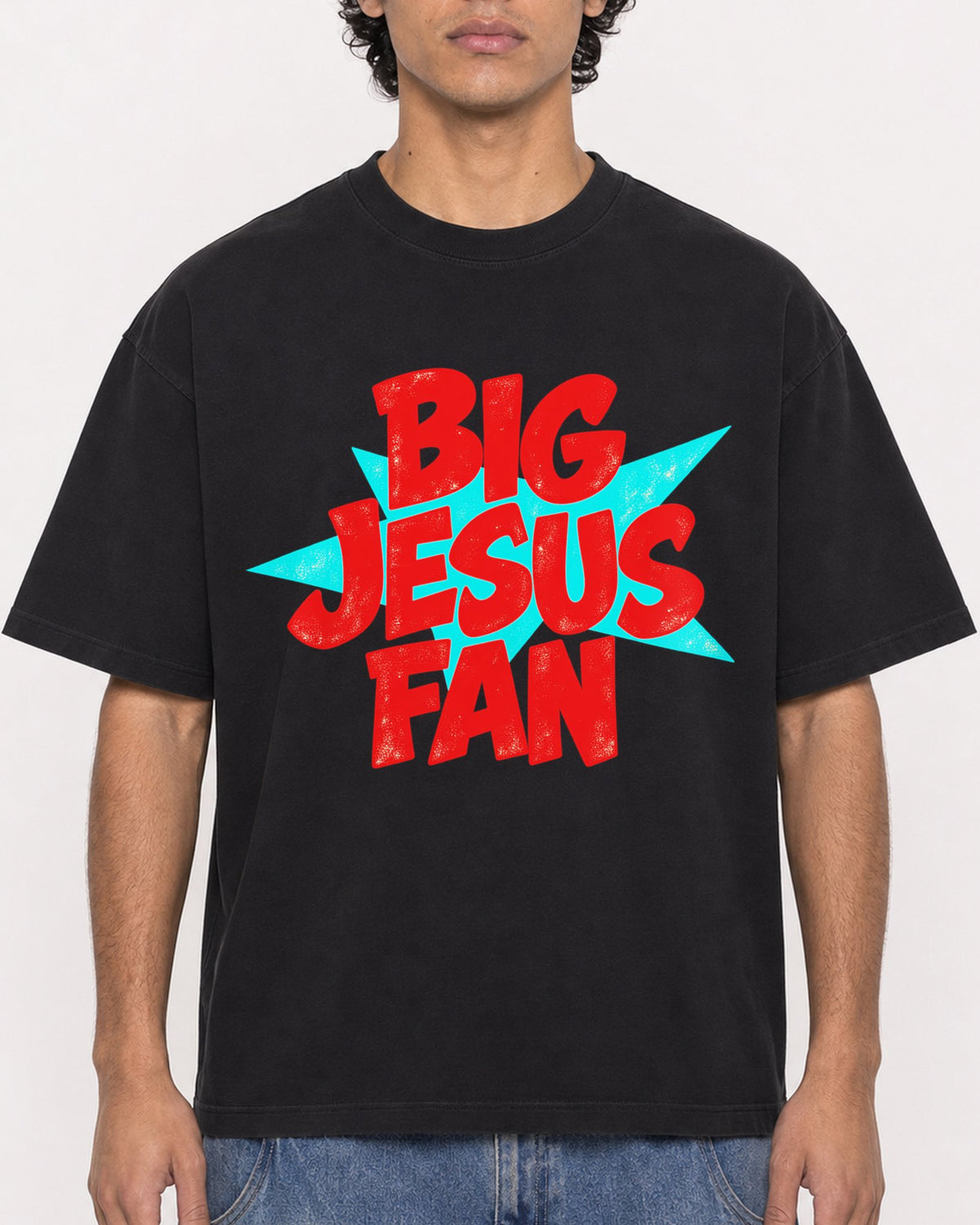 Mockup Boxy Heavyweight Tee Black male close-up 26