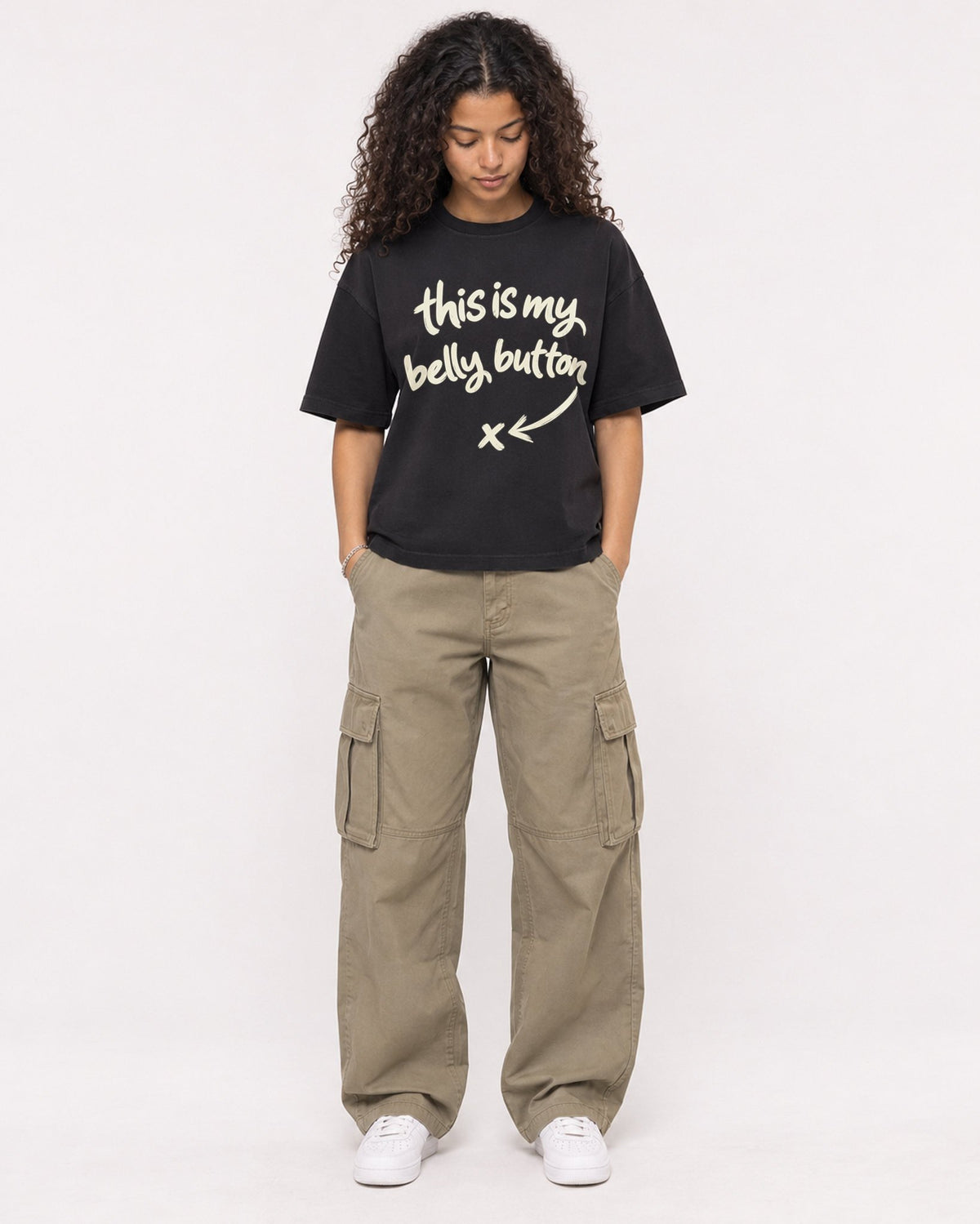 Mockup Boxy Heavyweight Tee Black female full-body 10