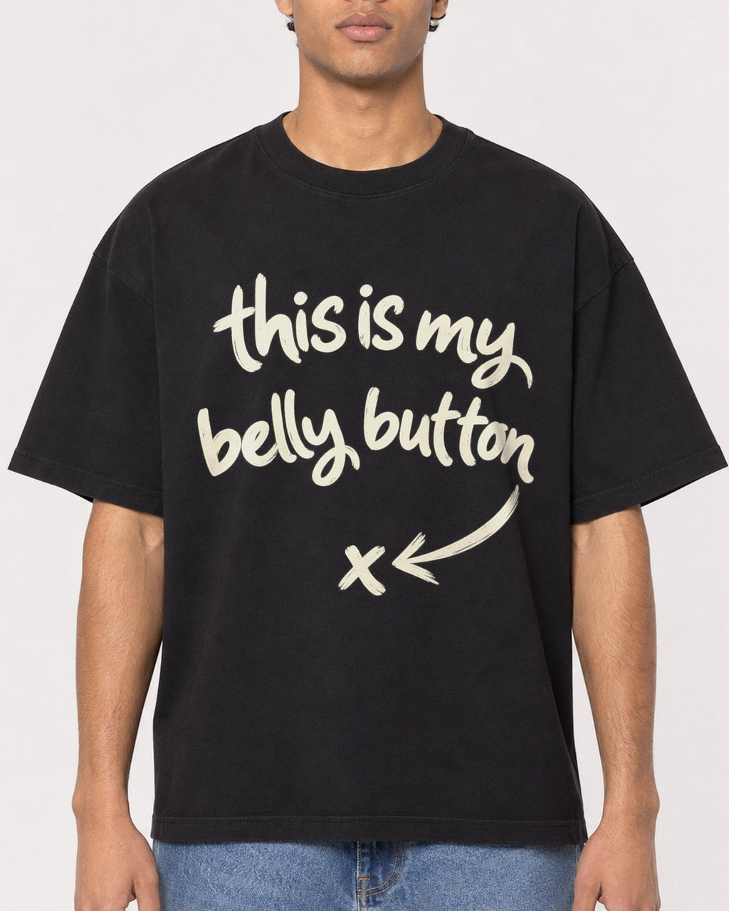 Mockup Boxy Heavyweight Tee Black male close-up 10