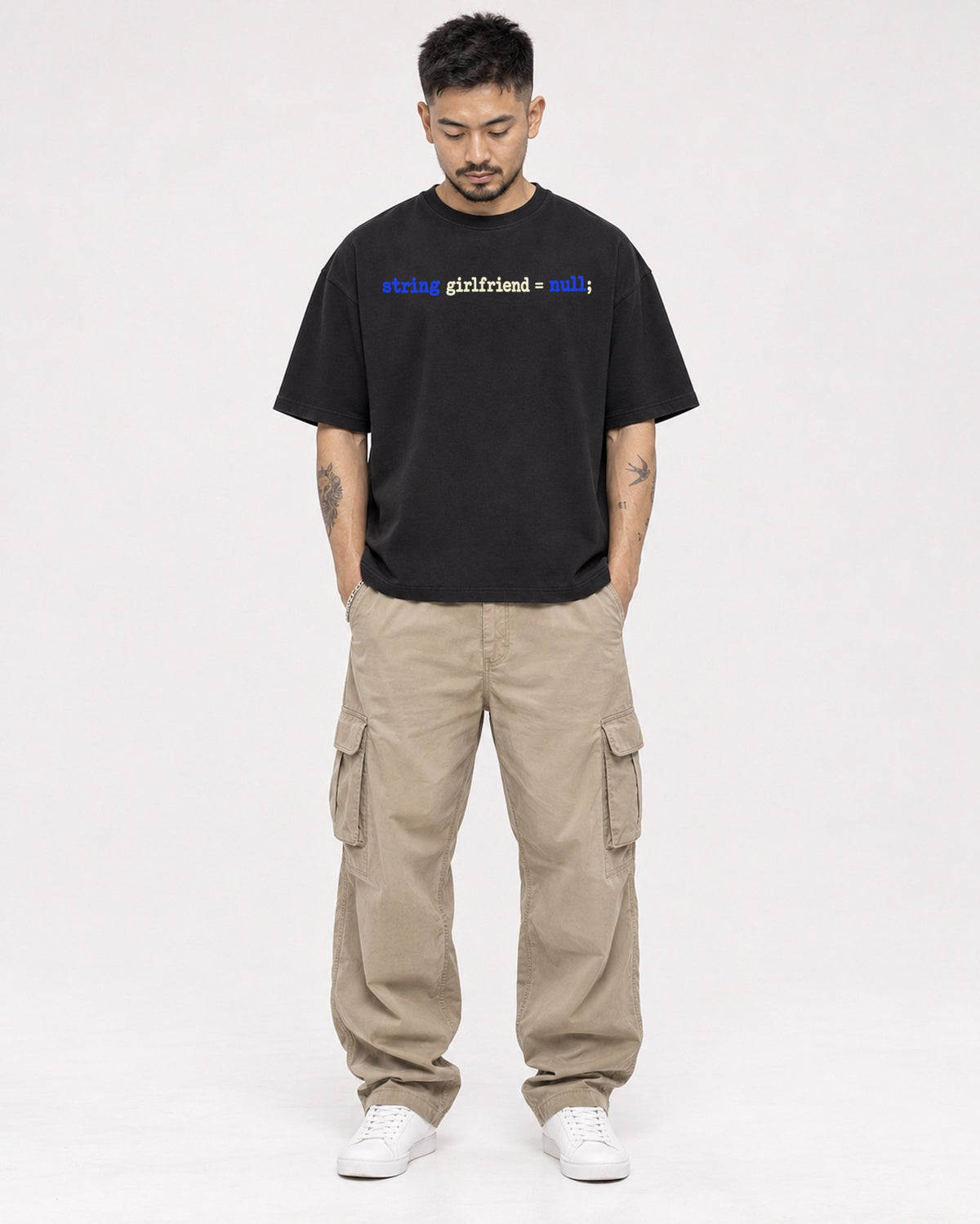 Mockup Boxy Heavyweight Tee Black male full-body 12