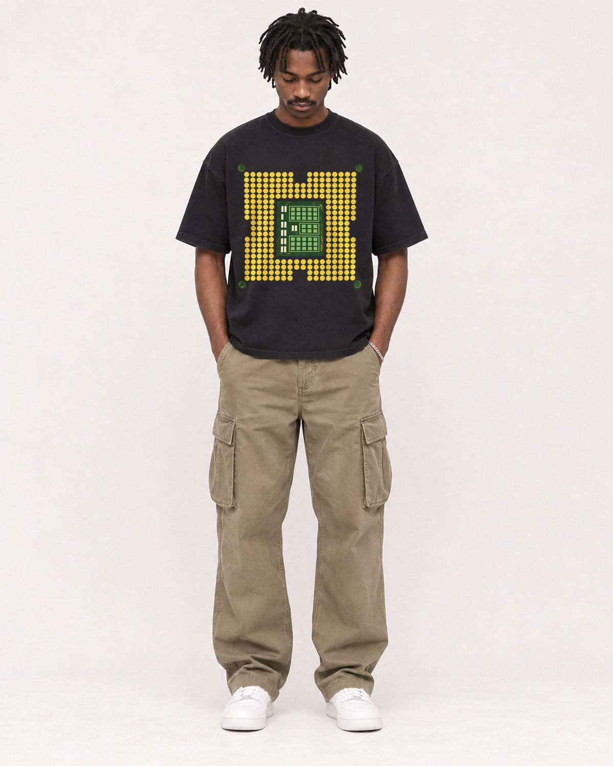 Mockup Boxy Heavyweight Tee Black male full-body 04