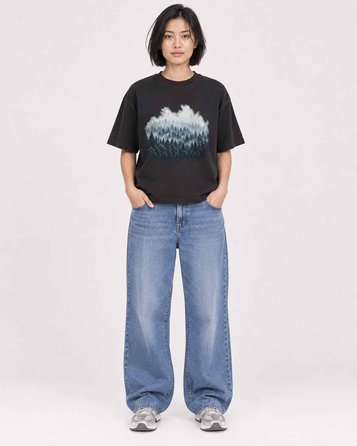 Mockup Boxy Heavyweight Tee Black female full-body 32