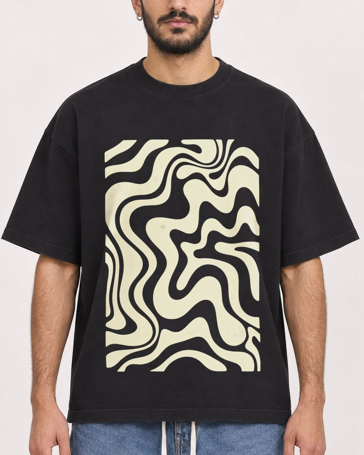 Mockup Boxy Heavyweight Tee Black male close-up 07