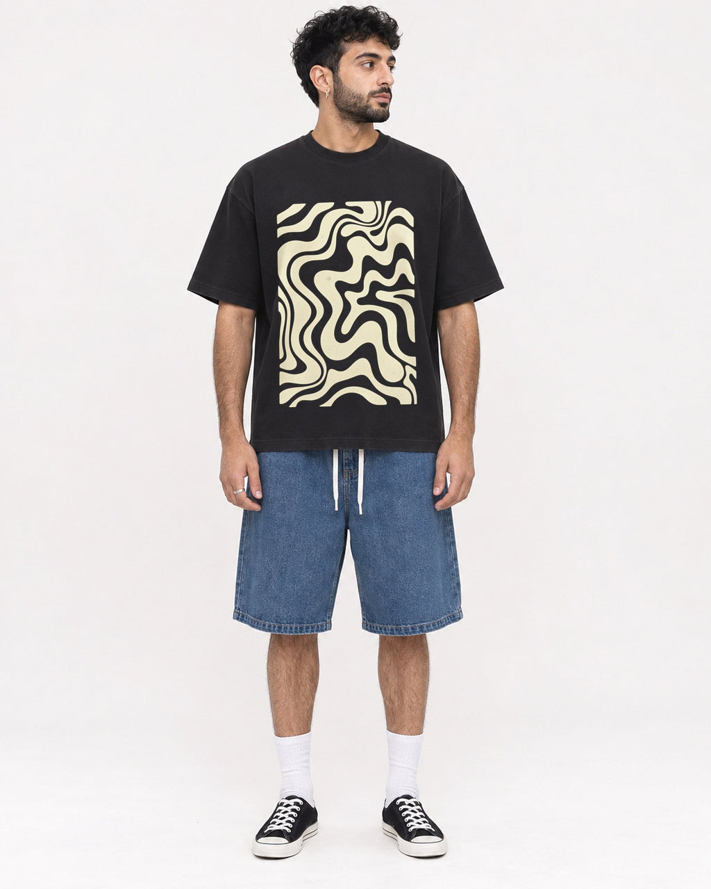Mockup Boxy Heavyweight Tee Black male full-body 07