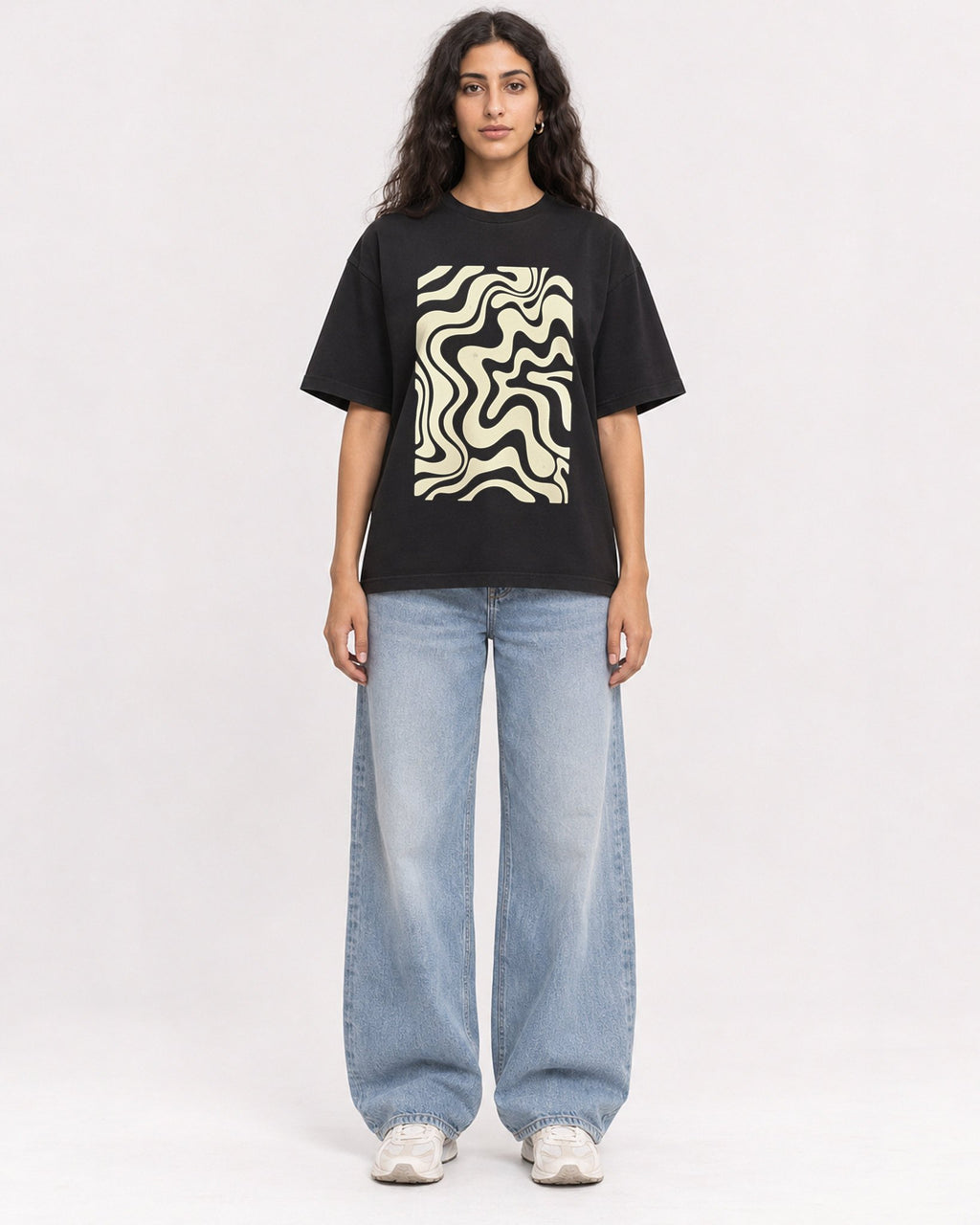 Mockup Boxy Heavyweight Tee Black female full-body 07